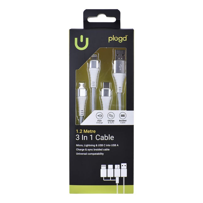 Pludg and Sync 3 In 1 Universal Charging Cable Usb A To Micro Usb Lightning And Usb C 1.2CM