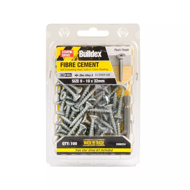Buildex 9 x 32mm Zinc Alloy 3 Star Head Fibre Cement Screws - 100 Pack