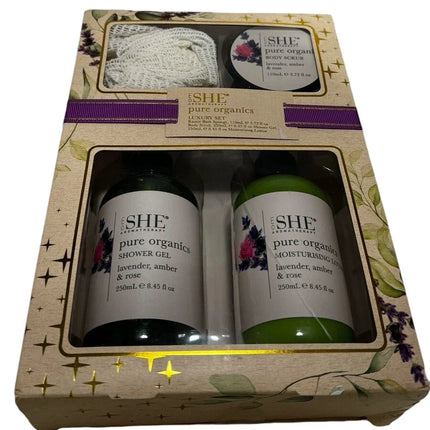 She Aromatherapy Pure Organics Luxury Spa Set Lavender Amber Rose Lotion Shower