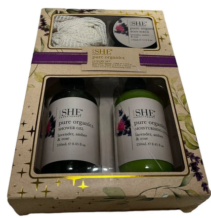 She Aromatherapy Pure Organics Luxury Spa Set Lavender Amber Rose Lotion Shower