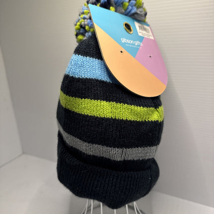 Essence Kids Dinosaur Striped Navy Green Blue Grey Pom Pom Beanie Children One Size