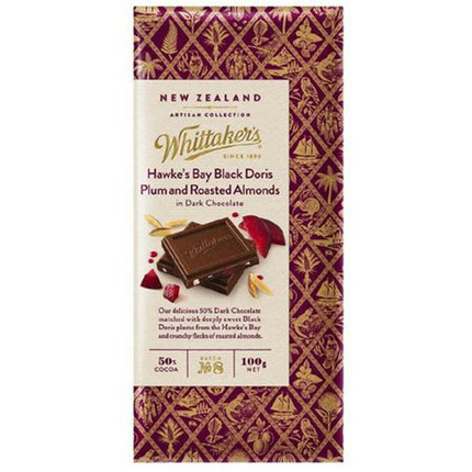 Whittakers Artisan Collection Black Doris Plum and Roasted Almonds Dark Chocolate Block 100G