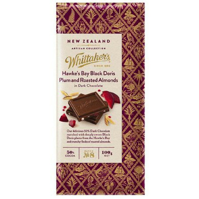Whittakers Artisan Collection Black Doris Plum and Roasted Almonds Dark Chocolate Block 100G