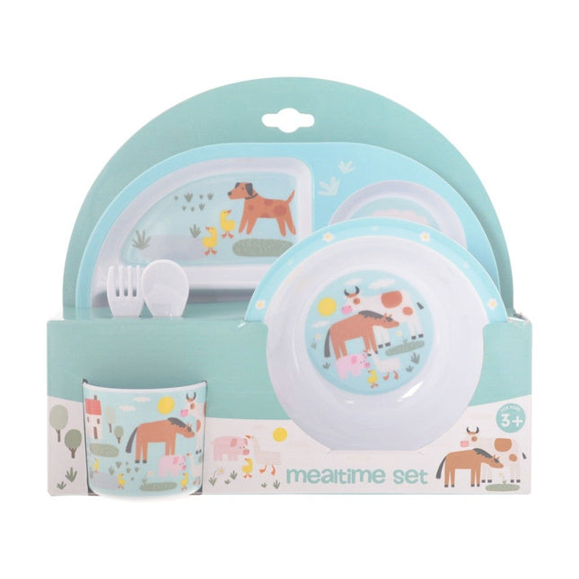 2PK Gibson Gifts Farm Blue Kids Meal Dinner Set Melamine Plate Bowl Cup Cutlery