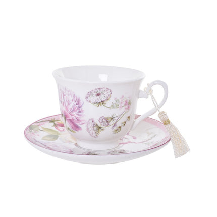 Gibson Gifts Roses & Dandelion Tasseled Tea Cup & Saucer W/ Box Set