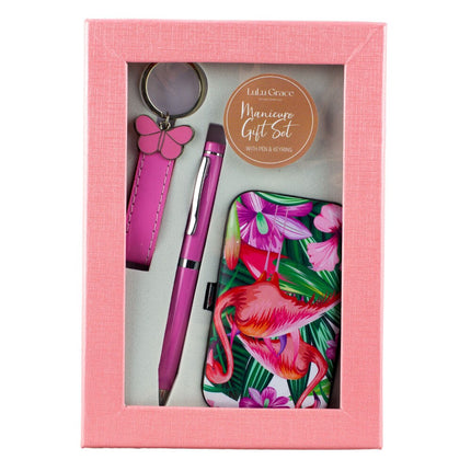 Lulu Grace Flamingo Themed Gift Set with Manicure Kit Pen and Key Ring