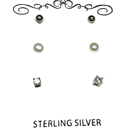 Sterling Silver Ball, CZ, and Pearl Trio Earrings