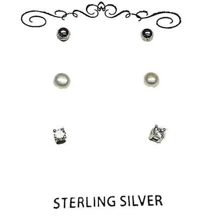 Sterling Silver Ball, CZ, and Pearl Trio Earrings