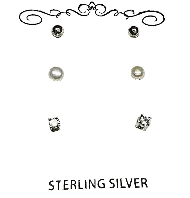 Sterling Silver Ball, CZ, and Pearl Trio Earrings