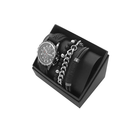 MEN'S REPUBLIC Watch Set with 3 Bracelets Black Silver and Gun Metal