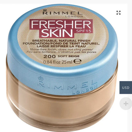 Rimmel Fresher Skin SPF 15 Foundation 200 Soft Beige 25mL