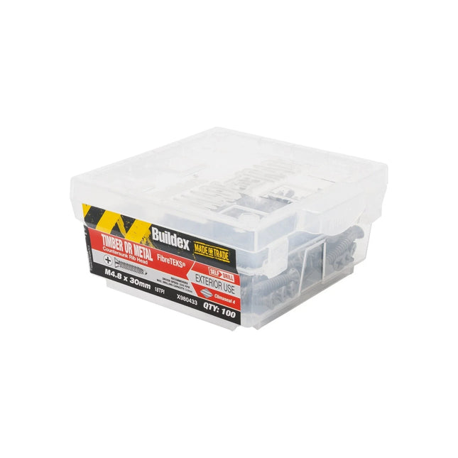 Buildex Screw Fibre M4.8 x 30mm C4 Fibre Tek Screws - 100 Pack