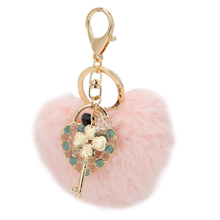 Key Chain Fluffy Heart Shaped Fur Ball Key Ring Pink Bag Hanging Decorative ZMS