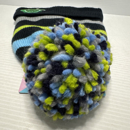 Essence Kids Dinosaur Striped Navy Green Blue Grey Pom Pom Beanie Children One Size