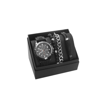 MEN'S REPUBLIC Watch Set with 3 Bracelets Black Silver and Gun Metal