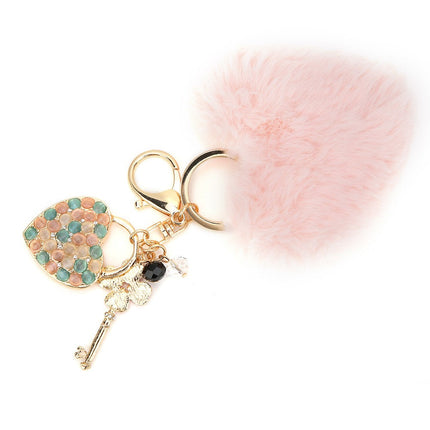 Key Chain Fluffy Heart Shaped Fur Ball Key Ring Pink Bag Hanging Decorative ZMS
