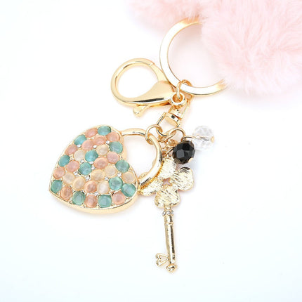 Key Chain Fluffy Heart Shaped Fur Ball Key Ring Pink Bag Hanging Decorative ZMS