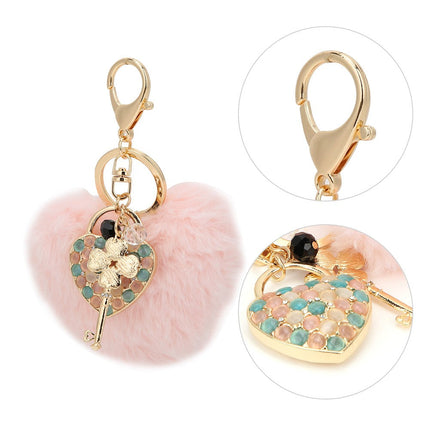 Key Chain Fluffy Heart Shaped Fur Ball Key Ring Pink Bag Hanging Decorative ZMS