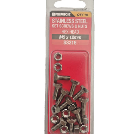 Bremick Screw & Nut Set Hex Stainless Steel M5 X 12 10Pack