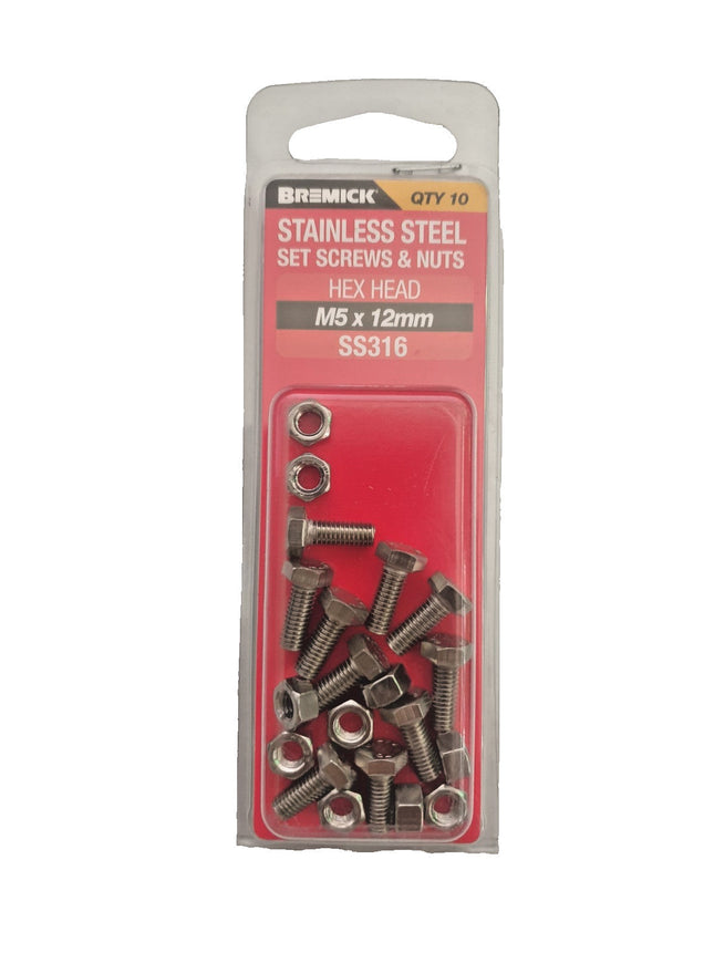 Bremick Screw & Nut Set Hex Stainless Steel M5 X 12 10Pack