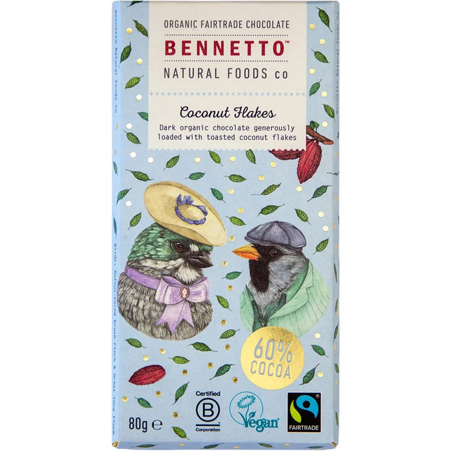 Bennetto Organic Dark Chocolate with Toasted Coconut Flakes 100G