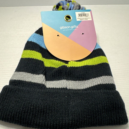 Essence Kids Dinosaur Striped Navy Green Blue Grey Pom Pom Beanie Children One Size
