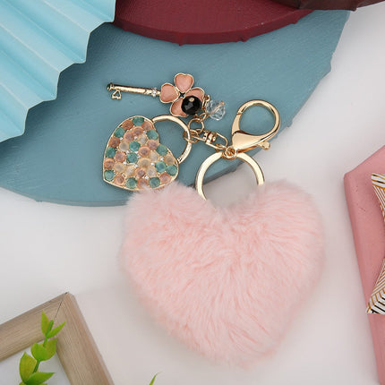 Key Chain Fluffy Heart Shaped Fur Ball Key Ring Pink Bag Hanging Decorative ZMS