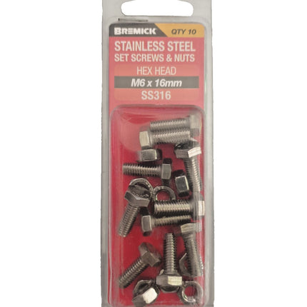 Bremick M6 x 16 316 Stainless Steel Hex Set Screw / Bolt