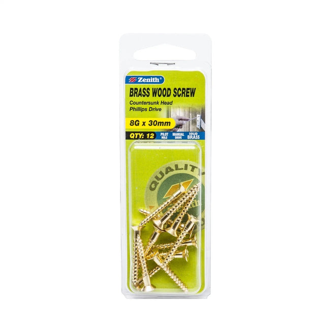 Zenith Brass Wood Screw Countersunk Head Phillips Drive 8G x 30mm 12 Pack