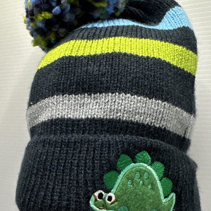 Essence Kids Dinosaur Striped Navy Green Blue Grey Pom Pom Beanie Children One Size