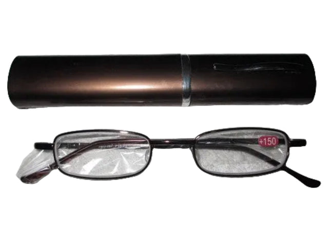 Ozko Slim Reading Glasses Readers with Pen Clip Tube Case Eyeglasses +1.5 Brown