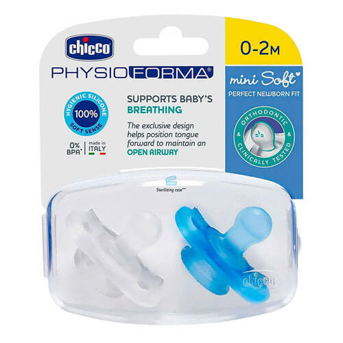 0-2mos Chicco Nursing Physio Mini Soft Soother Natural Extra Soft 2 PCS Blue