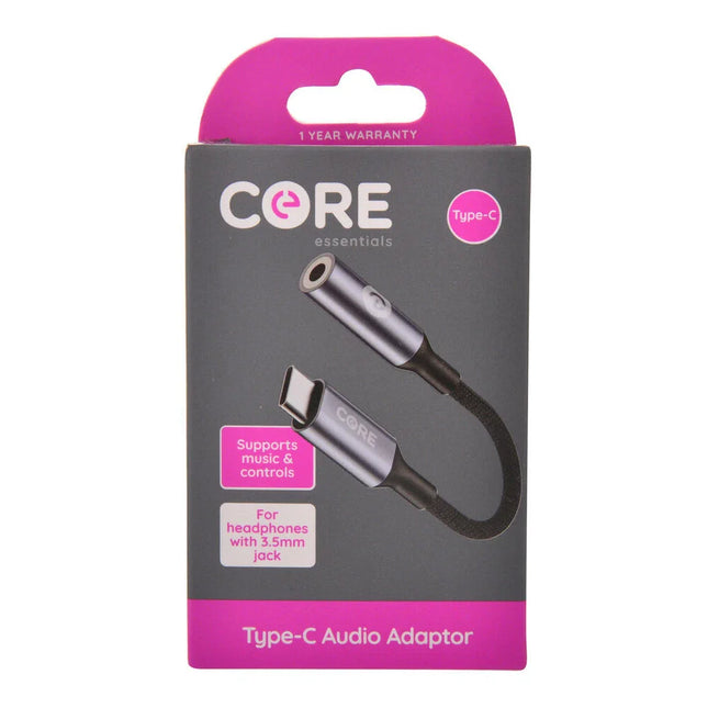 Core Essentials 3.5mm Jack to Type C Audio Adaptor Aux Stereo Converter Black