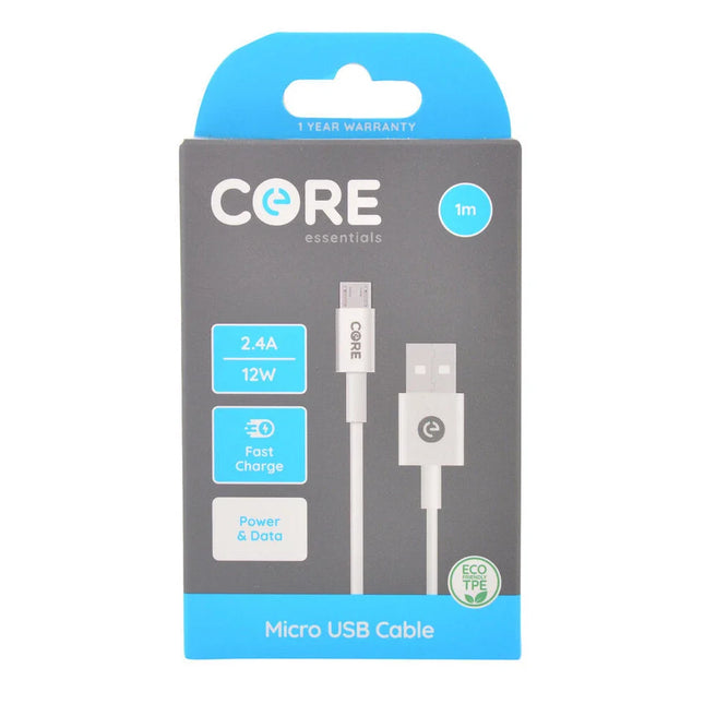 Core Essentials USB A to Micro USB Cable Charging Cord 1m For Smartphones White