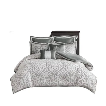 Madison Park Odette 8 Piece Jacquard Damask Medallion Comforter Set in Silver Queen 90 x 90 Inches