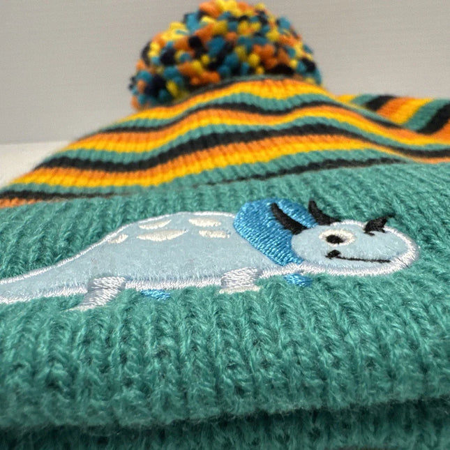 Essence Kids Dinosaur Striped Knit Beanie with Pom Pom Childrens One Size