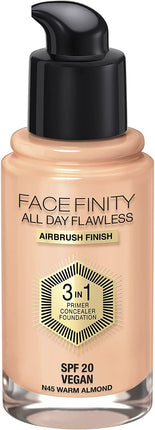 Max Factor Facefinity All Day Flawless 3 in 1 Liquid Foundation, 45 Warm Almond, 30ml - OhYouLuckyDuck.com.au