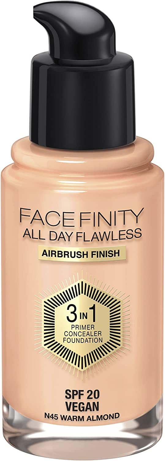 Max Factor Facefinity All Day Flawless 3 in 1 Liquid Foundation, 45 Warm Almond, 30ml - OhYouLuckyDuck.com.au